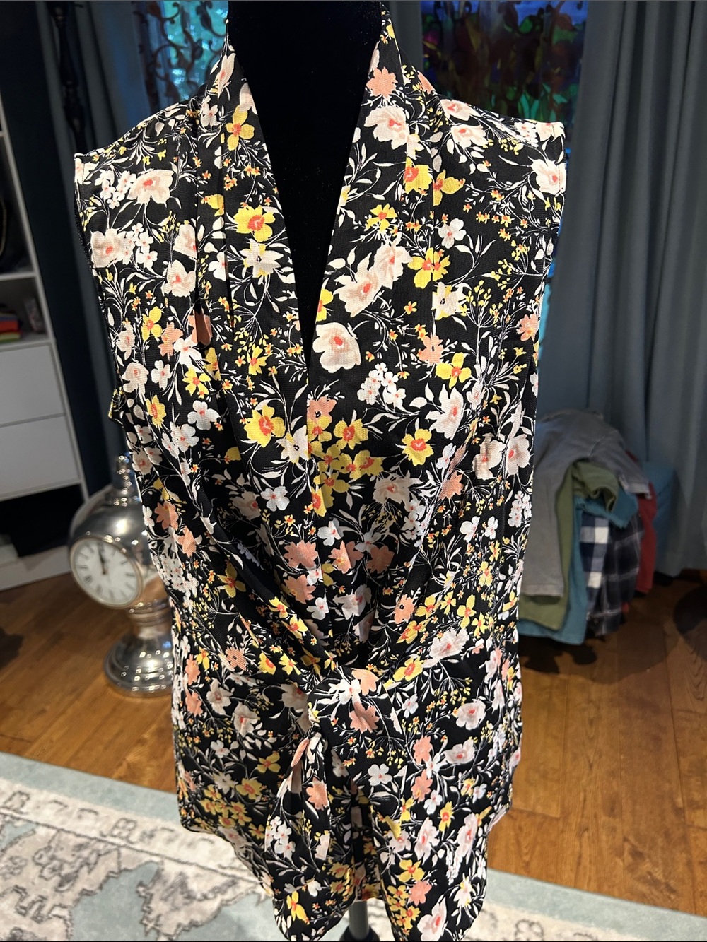Tie-Front Sleeveless Floral Blouse — Black with Yellow & Pink Flowers